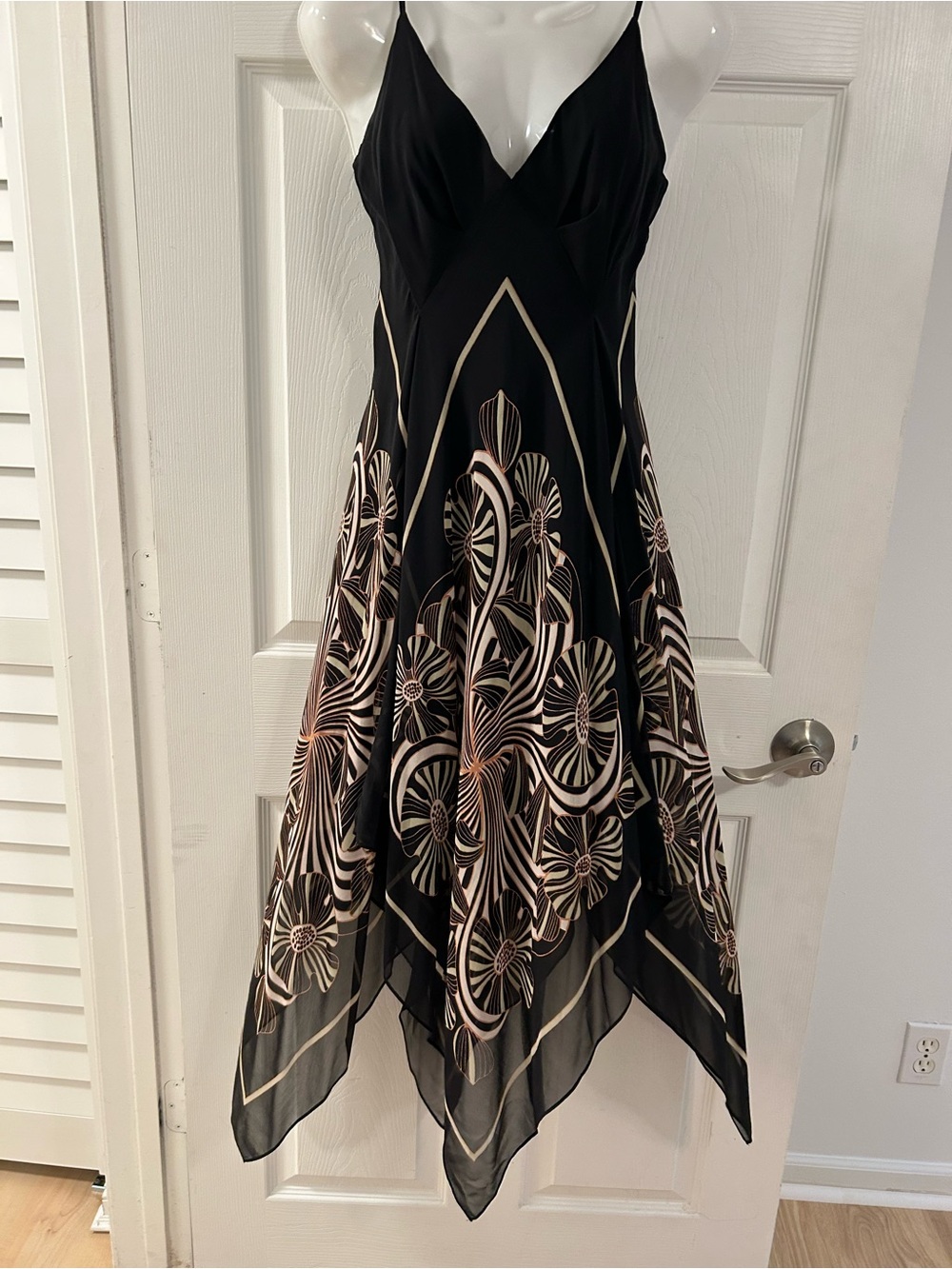 Max Studio 100% SILK- Elegant Black Floral Handkerchief Hem Slip Dress